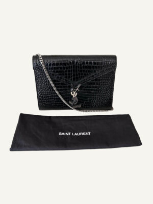 YSL Croc Embossed Patent Leather Cassandra Wallet on Chain