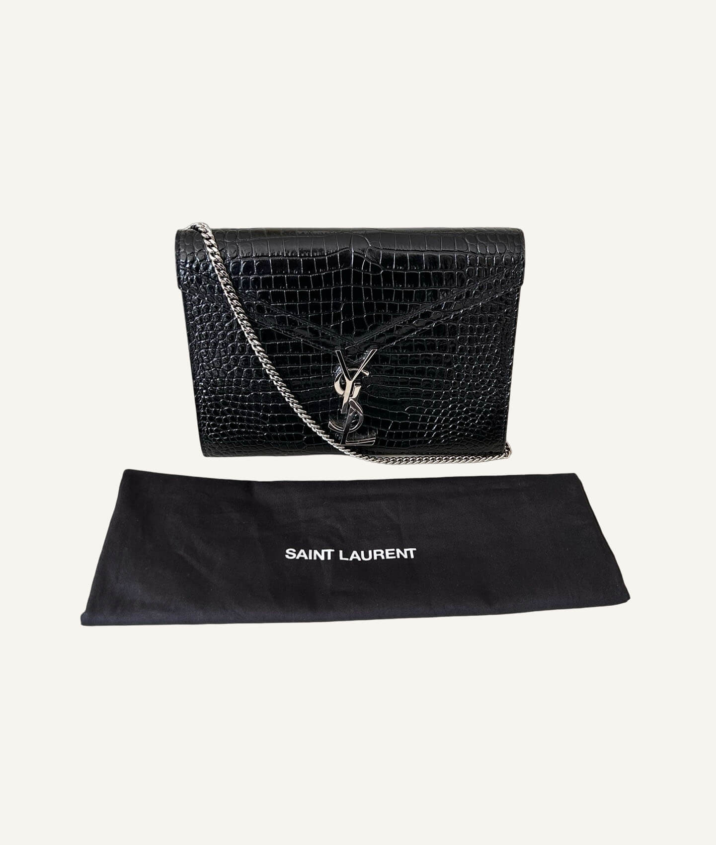 YSL Croc Embossed Patent Leather Cassandra Wallet on Chain