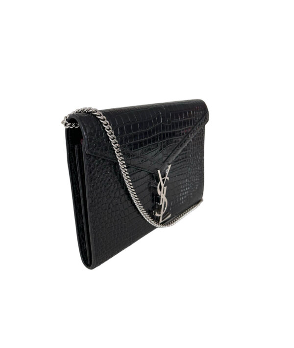 YSL Croc Embossed Patent Leather Cassandra Wallet on Chain