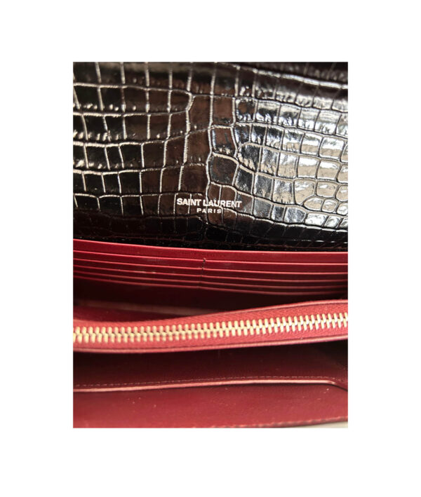 YSL Croc Embossed Patent Leather Cassandra Wallet on Chain