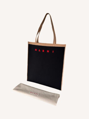 Marni Black & Beige Logo Print Jacquard Shopping Bag