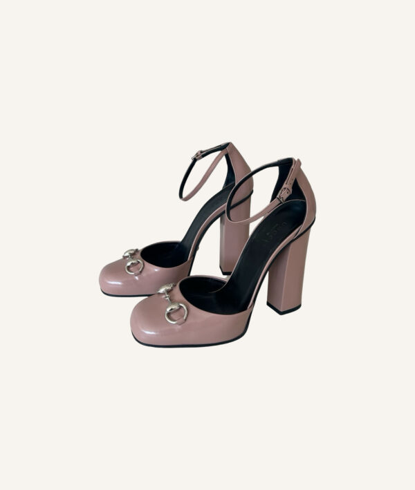 Gucci Patent Leather Horsebit Ankle Strap Pumps (Size 38)