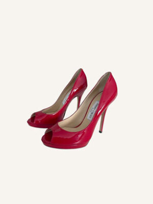 Jimmy Choo Red Patent Leather Peep Toe (Size 37.5)