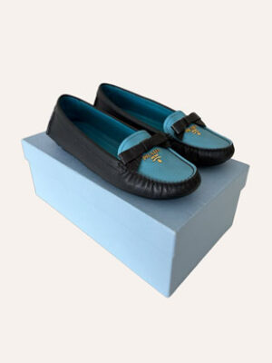 Prada Leather Bow Logo Embellished Loafers (Size 37.5)