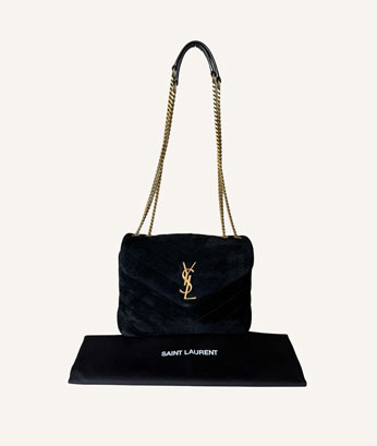 Yves Saint Laurent Suede Loulou bag in black with chevron quilting and YSL monogram
