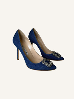 Manolo Blahnik Hangisi Denim & Crystal Pumps (Size 41)