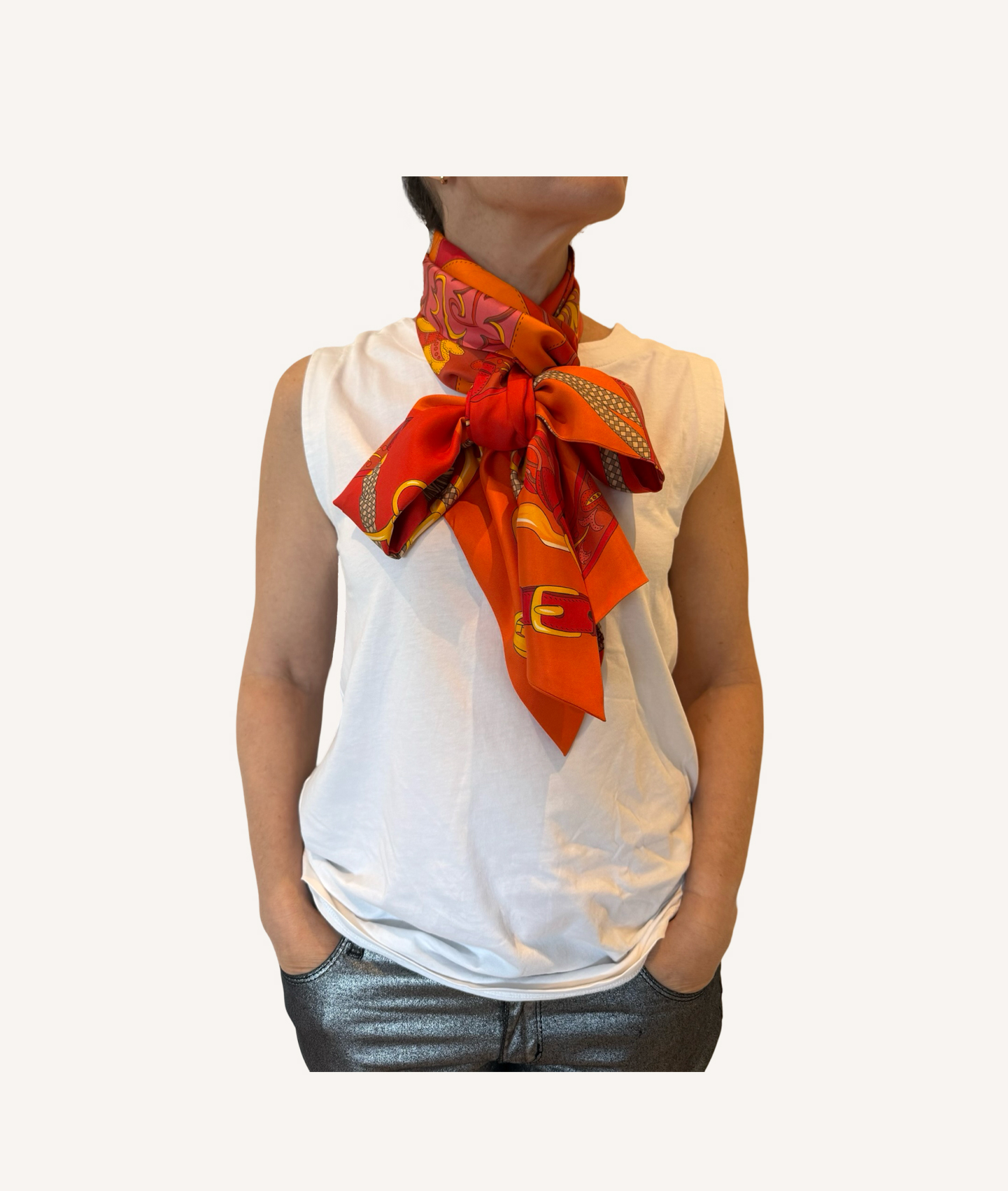 Hermès Amazon Festival scarf styled as a neck accessory