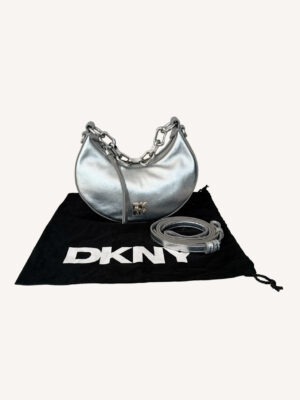 DKNY Les Mini metallic silver shoulder bag with logo, chain handle and adjustable strap