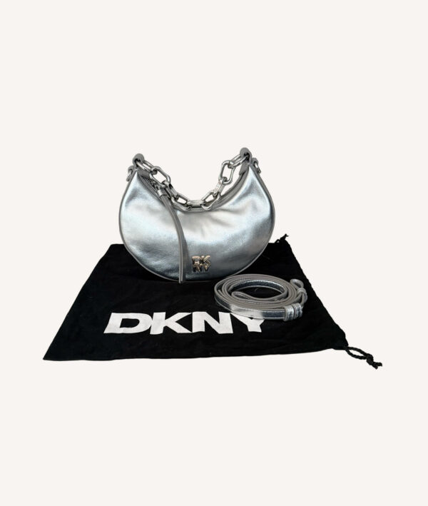 DKNY Les Mini metallic silver shoulder bag with logo, chain handle and adjustable strap
