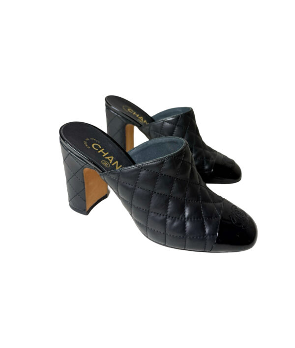 Chanel Black Quilted Leather CC Cap Toe Mules (Size 37.5)