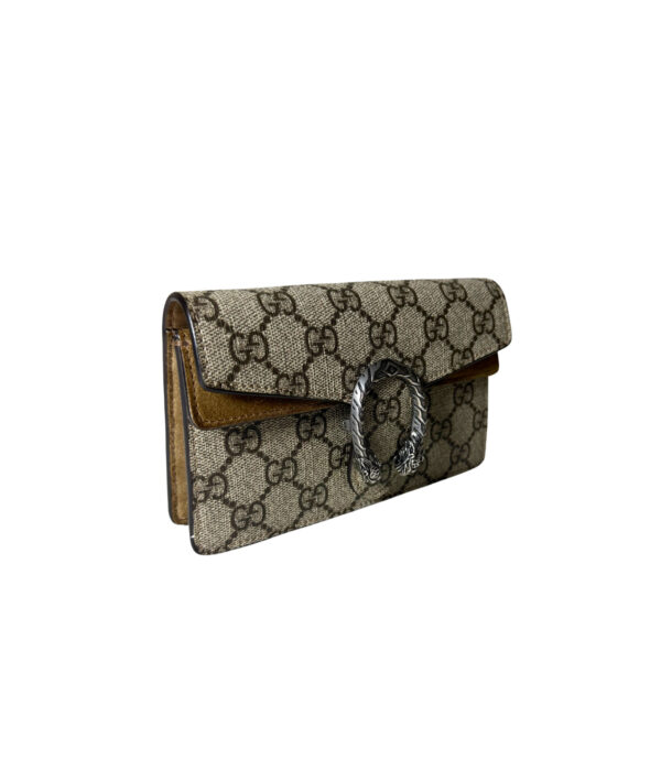 Designer Gucci mini crossbody bag in beige GG canvas with silver chain strap