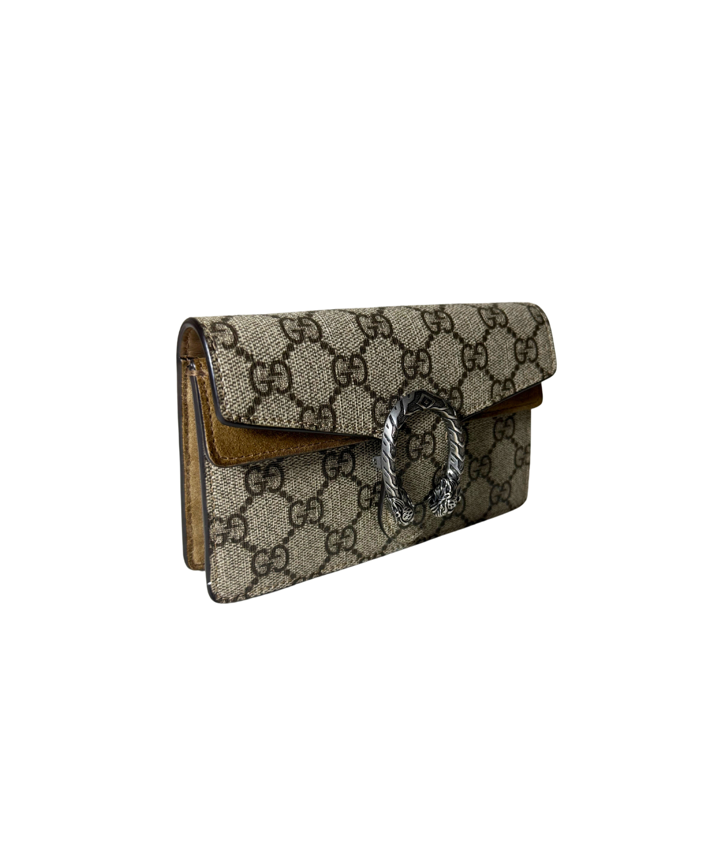 Designer Gucci mini crossbody bag in beige GG canvas with silver chain strap