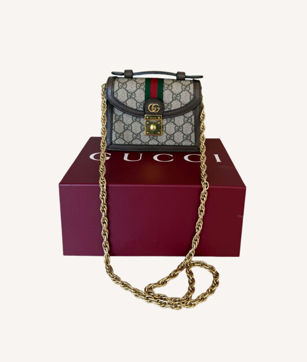 Gucci Ophidia Mini Top Handle Bag in beige and ebony GG Supreme canvas with brown leather trim and gold-toned hardware
