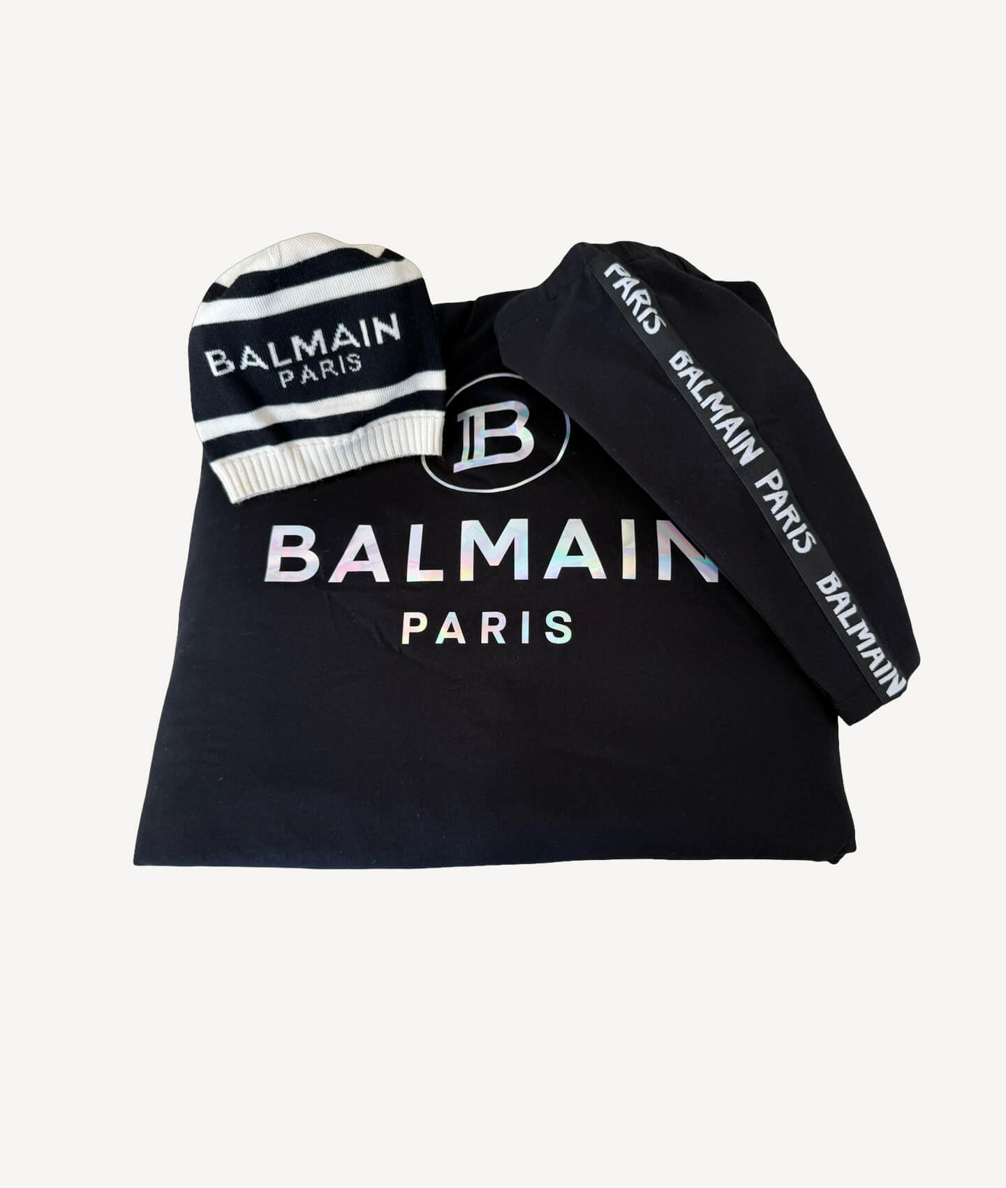 Luxury Balmain logo blanket with matching hat and leggings set for newborns