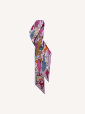 Hermès Mille et un Lapins Twilly scarf in purple and camel silk with playful rabbit design