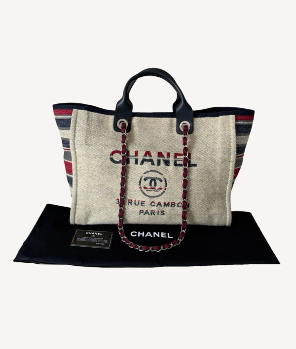 Chanel Deauville Tote bag in canvas with chain leather shoulder straps and CC logo embroidery
